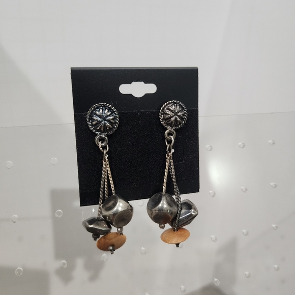 Antique Silver tone Medallion and Tassel Ball Earrings with Wooden Accents - Picture 2 of 3